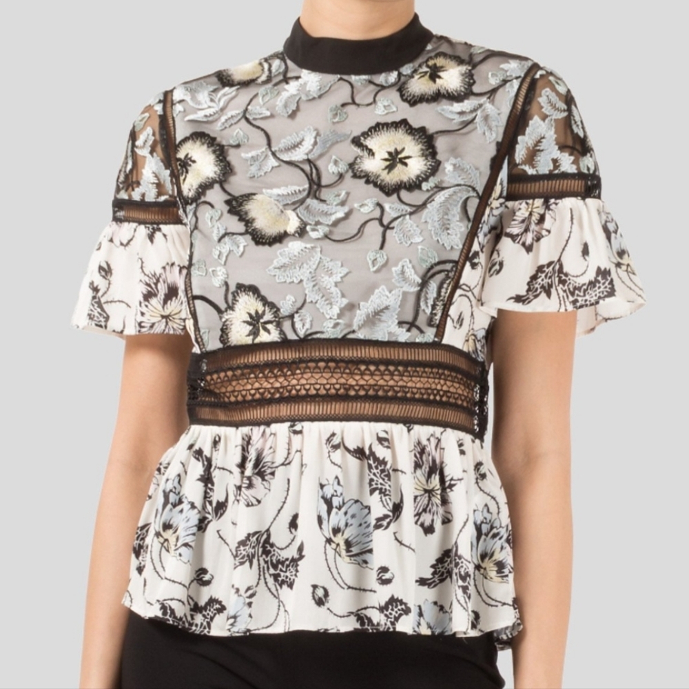 Self-Portrait Lucia Floral Embrodery Black, White, Blue Blouse. US Sz 6